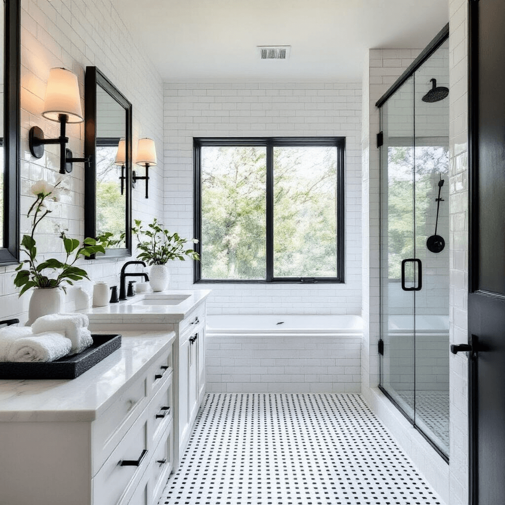 Black and White Bathroom Decor: The Ultimate Styling Guide Contemporary master bath suite featuring oversized white subway tiles, a black-framed glass shower, white marble double vanity, and white penny tile floor, illuminated by morning light streaming through a floor-to-ceiling window.