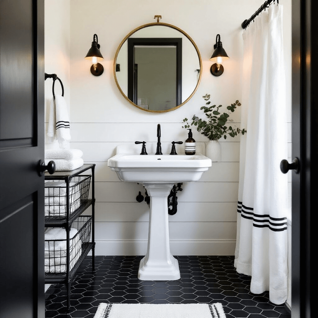 Black and White Bathroom Decor: The Ultimate Styling Guide Urban boutique bathroom featuring black hexagon floor tiles and white walls, with a vintage-inspired pedestal sink, industrial black pipe shelving, round brass mirror, and black pharmacy sconces. The space is styled with a black wire basket, white ceramic accessories, and fresh eucalyptus, bathed in late afternoon indirect light.