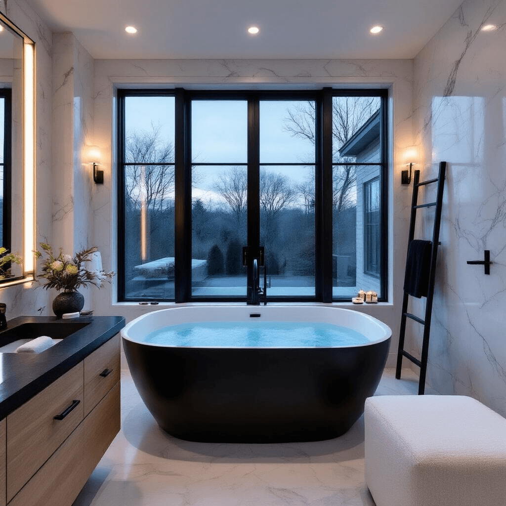 Black and White Bathroom Decor: The Ultimate Styling Guide Luxe spa bathroom featuring a dramatic black freestanding soaking tub against a white marble backdrop, with twilight blue hour lighting, black steel-framed windows, and a white oak floating vanity with black stone top; layered lighting and stylish accessories evoke a moody luxury atmosphere.