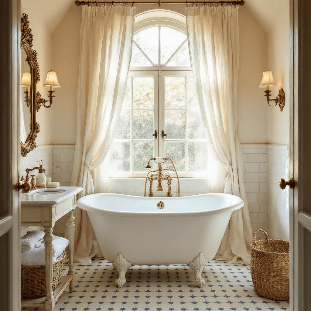 Vintage Bathroom Decor: Timeless Charm Meets Modern Comfort A sunlit vintage bathroom featuring a white clawfoot tub, arched window with sheer curtains, a 1920s brass-framed mirror, and a marble vanity, all illuminated by warm brass fixtures and vintage sconces, with hexagonal cream and pale blue floor tiles.