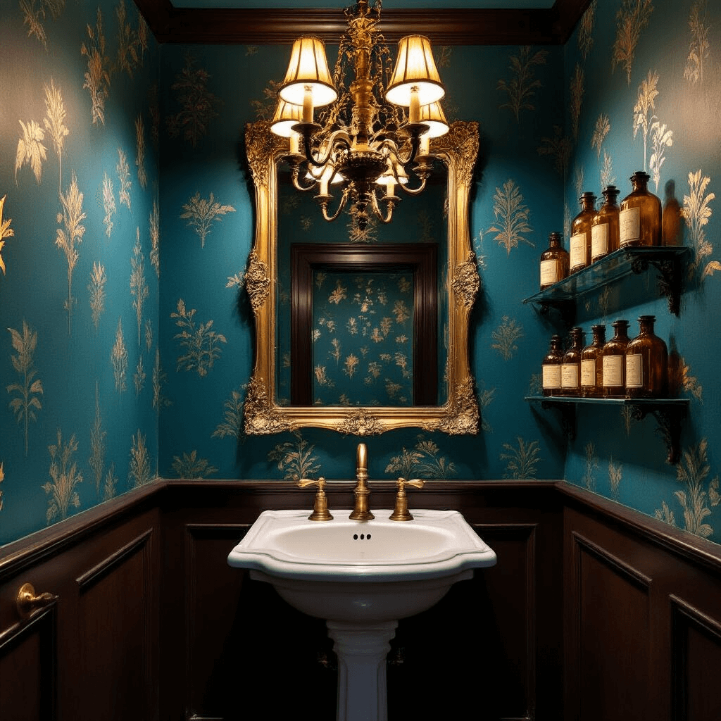 Vintage Bathroom Decor: Timeless Charm Meets Modern Comfort Intimate corner view of a Victorian-inspired powder room during blue hour, featuring deep teal wallpaper with gold motifs, a bronze chandelier, a curved pedestal sink with brass faucet, and a gilt mirror, all accented by vintage amber glass bottles and dark walnut wainscoting, captured from a low angle for dramatic effect.