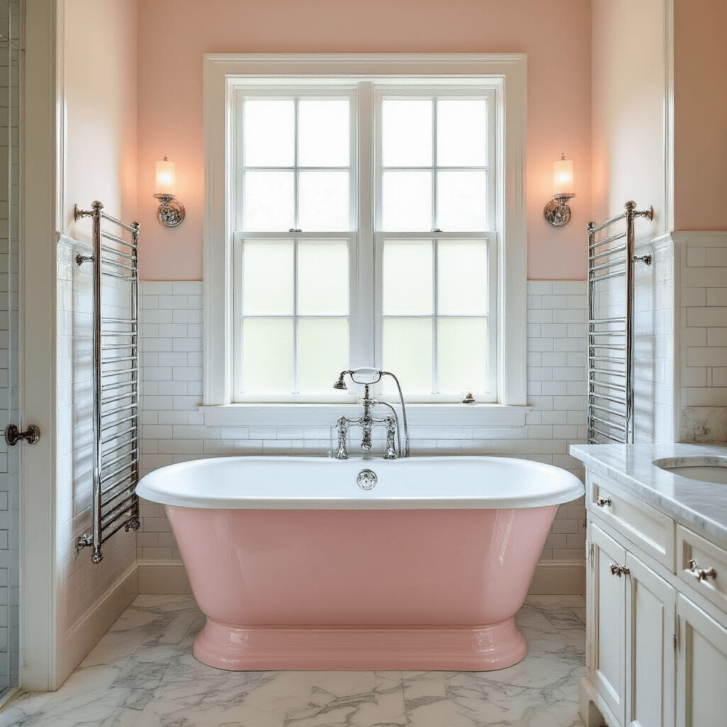 Vintage Bathroom Decor: Timeless Charm Meets Modern Comfort A bright and airy master bath featuring a restored 1930s pink porcelain pedestal tub against subway-tiled walls, Art Deco chrome towel warmers, marble countertops with vintage silver vanity sets, crystal doorknobs, and sconces, all illuminated by morning light streaming through frosted glass windows.