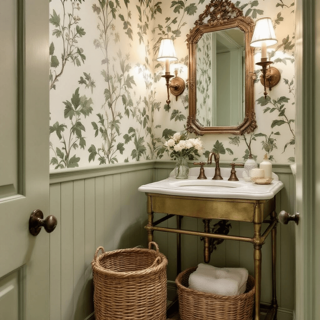 Vintage Bathroom Decor: Timeless Charm Meets Modern Comfort A vintage-inspired powder room with sage green and cream handpainted botanical wallpaper, featuring an antique brass washstand with an oval basin, period milk glass accessories, a patinated copper beveled mirror, a woven rattan hamper, and crystal wall sconces, all captured from a corner angle to enhance the cozy, romantic atmosphere.
