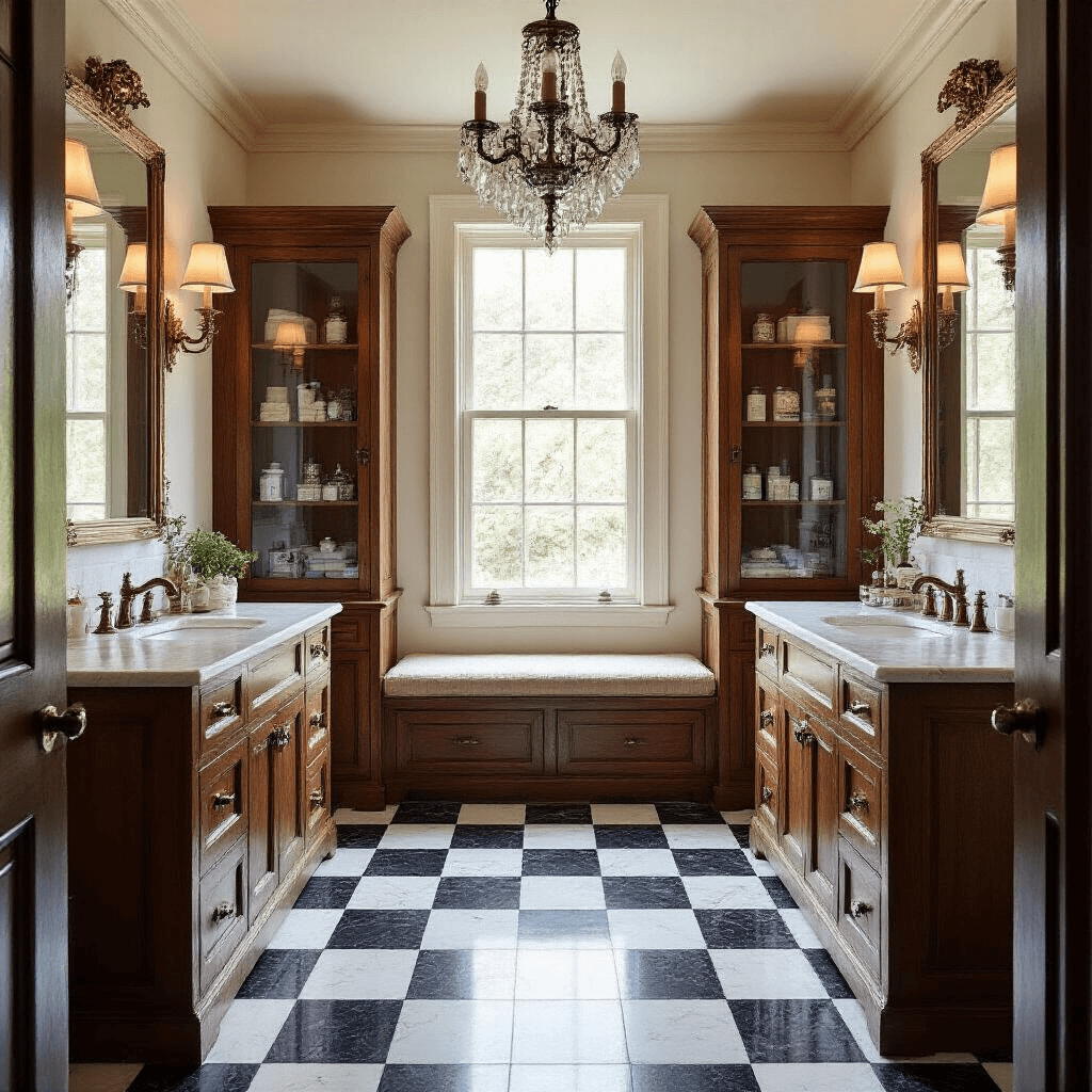 Vintage Bathroom Decor: Timeless Charm Meets Modern Comfort A spacious vintage bathroom with a checkerboard marble floor, bay window with a storage bench, double vanity with a salvaged wood cabinet and quartz top, matching brass-framed mirrors, a glass-front linen cabinet showcasing vintage apothecary items, and a crystal chandelier, all illuminated by warm late afternoon sunlight, featuring a color palette of black and white marble, warm wood tones, polished brass, and cream.