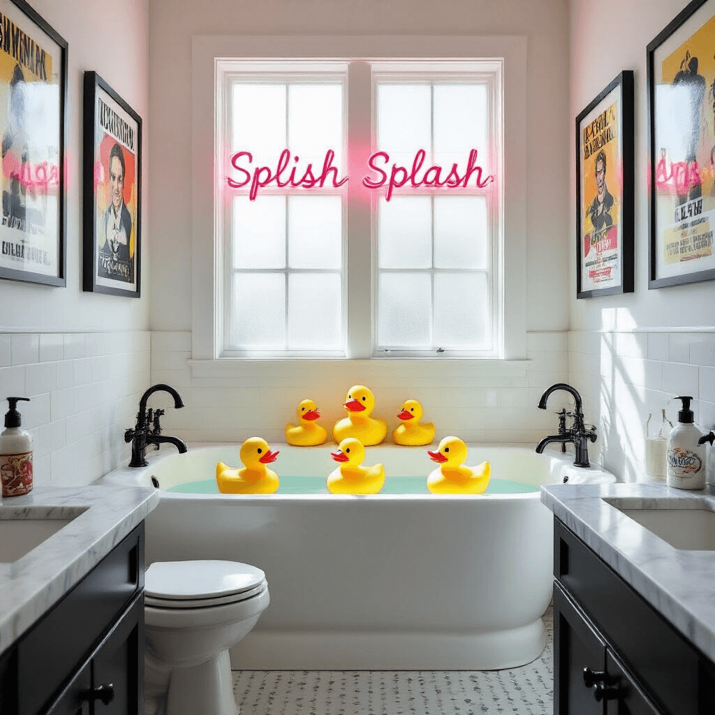 Hilarious Bathroom Decor: Transform Your Space with Laugh-Out-Loud Style A bright and airy 8x10ft bathroom with tall ceilings, featuring a white porcelain tub surrounded by a geometric arrangement of yellow rubber ducks, vintage comedy posters, and witty black-framed typography art, complemented by matte black fixtures and a neon pink 'Splish Splash' sign above the toilet, all illuminated by natural morning sunlight and warm LED sconces.