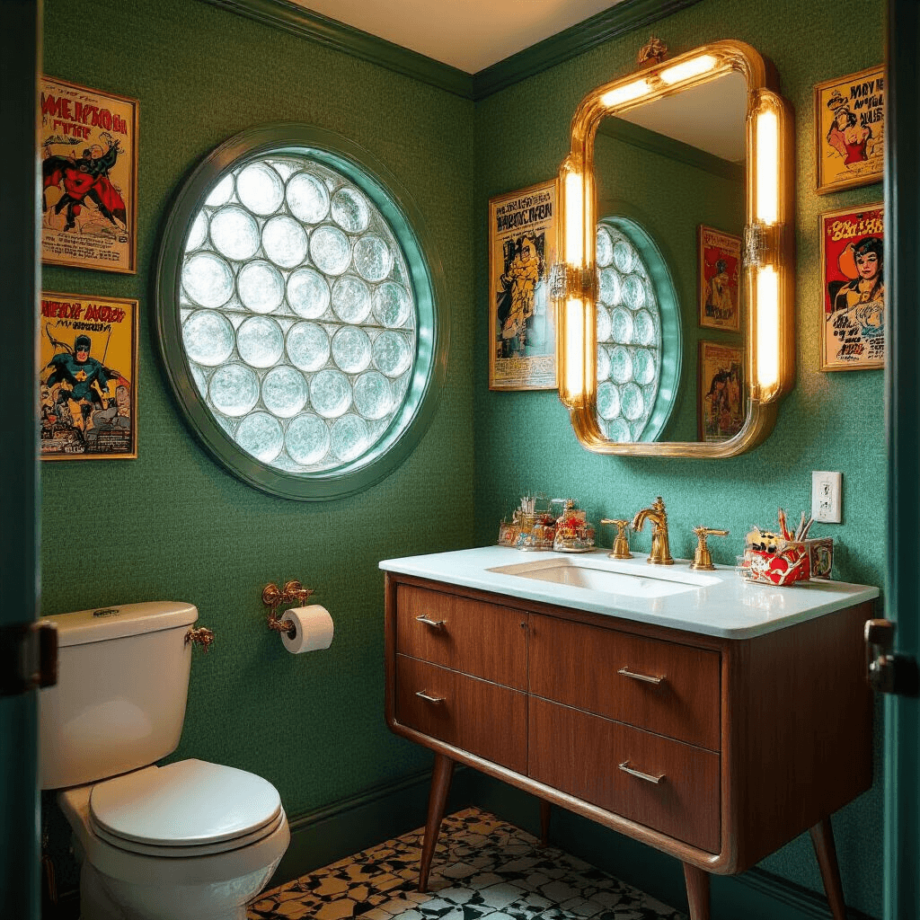 Hilarious Bathroom Decor: Transform Your Space with Laugh-Out-Loud Style A retro powder room featuring emerald green wallpaper with comic book speech bubbles, a mid-century modern walnut vanity adorned with superhero-themed accessories, and a gallery wall of 1950s movie posters in gold frames, all illuminated by golden hour light filtering through a vintage bubble glass window.