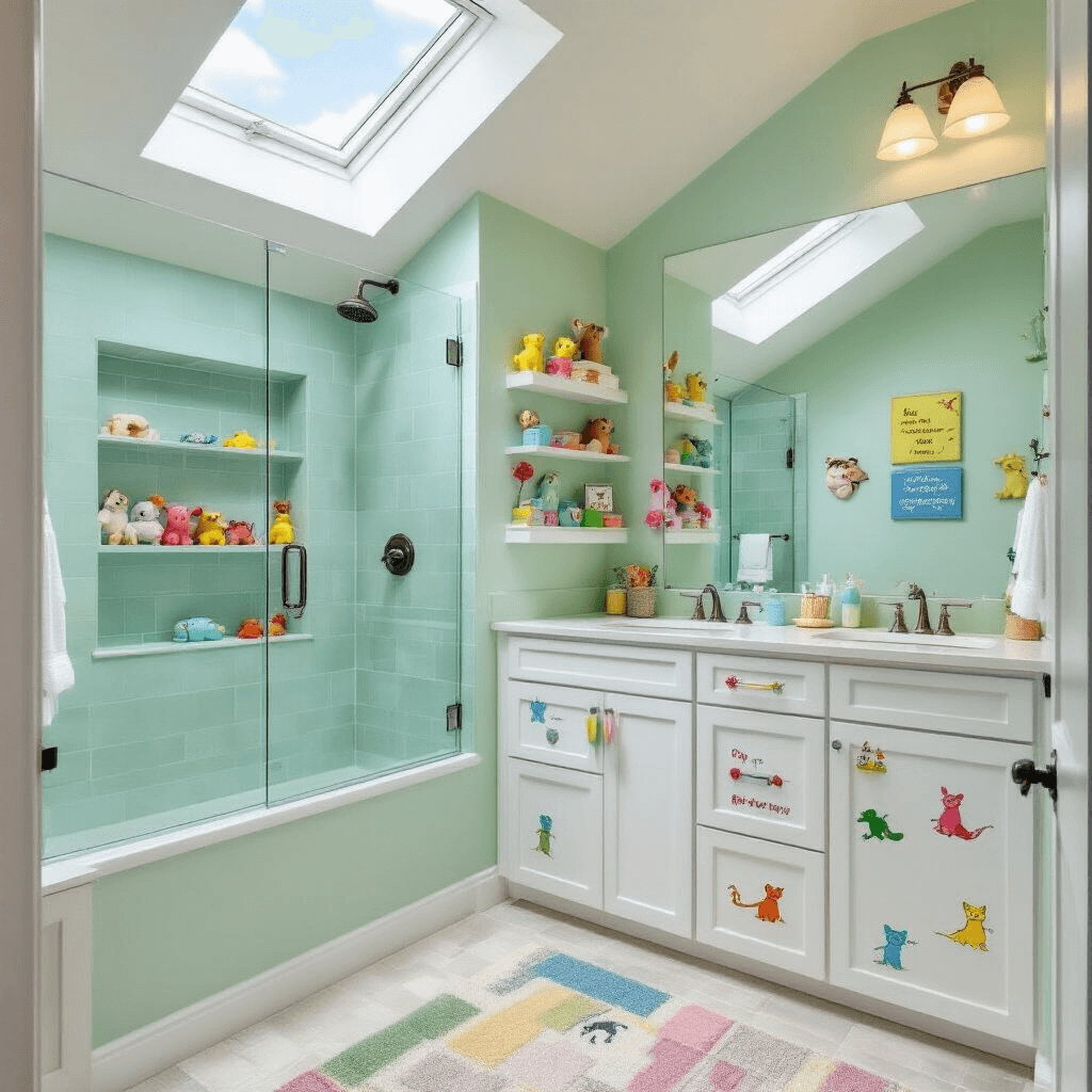 Hilarious Bathroom Decor: Transform Your Space with Laugh-Out-Loud Style Spacious family bathroom with vaulted ceiling and skylight, featuring a double vanity with rainbow-colored cabinet handles, an oversized walk-in shower with illustrated joke equations, and built-in shelving displaying rubber animals and punny art, set against mint green walls and multicolor accent tiles.