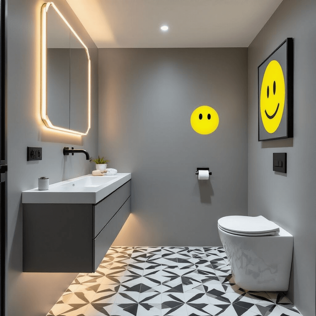 Hilarious Bathroom Decor: Transform Your Space with Laugh-Out-Loud Style A contemporary minimalist guest bathroom featuring a floating vanity with hidden LED strips, dusk lighting, a monochromatic grey palette, and an oversized yellow smiley face art piece. The geometric black and white tile floor complements a sleek toilet with a light-up novelty seat. A smart mirror displays weather jokes, all enhanced by dramatic underlighting that highlights the space's clean lines and intentional humor.