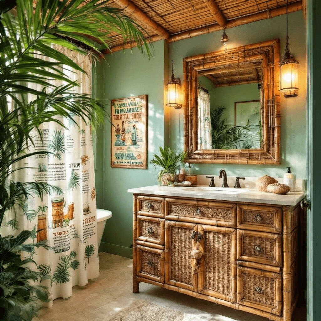 Hilarious Bathroom Decor: Transform Your Space with Laugh-Out-Loud Style Luxurious tropical tiki bathroom oasis with bamboo ceiling, palm leaf accents, carved wood mirror, grasscloth vanity, humorous drink recipe shower curtain, seafoam green walls adorned with vintage Hawaiian posters, captured from a low angle to highlight its vibrant atmosphere.