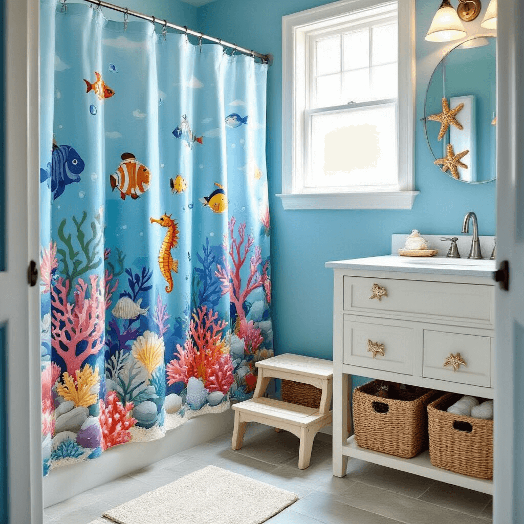 Fun and Functional: Creating the Ultimate Kids' Bathroom Decor A whimsical underwater-themed kids' bathroom featuring ocean-blue walls, a vibrant coral reef shower curtain, a white vanity with seahorse-shaped handles, and a wave-textured quartz countertop, illuminated by soft morning light from a frosted window.
