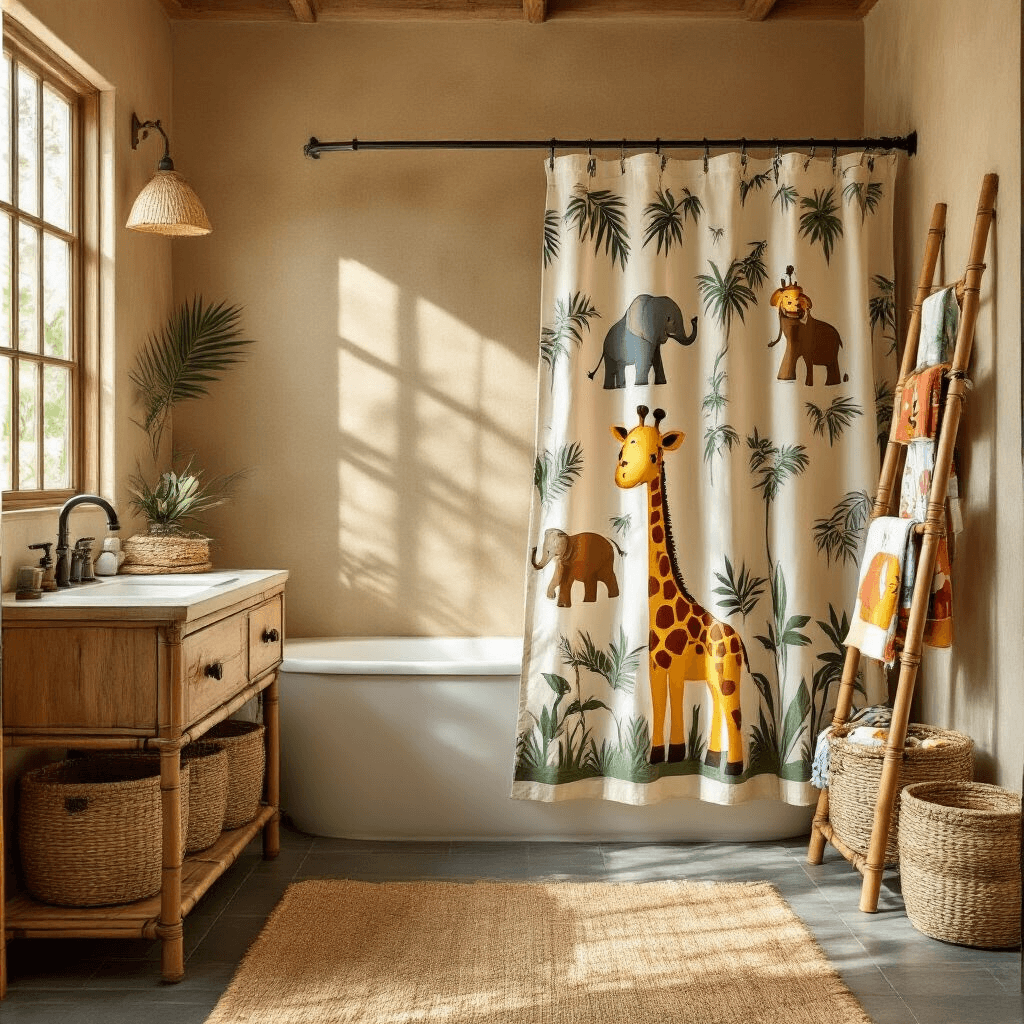 Fun and Functional: Creating the Ultimate Kids' Bathroom Decor Safari-themed kids' bathroom featuring a jungle-motif shower curtain, bamboo towel rack with colorful animal-print towels, teak wood vanity, and palm leaf wall decals, illuminated by warm golden hour sunlight.