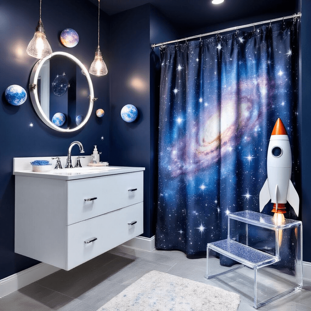 Fun and Functional: Creating the Ultimate Kids' Bathroom Decor A space-themed kids' bathroom featuring deep navy walls, LED constellation lighting, a galaxy-print shower curtain, modern white floating vanity with chrome rocket ship handles, and planetary wall decals, all captured from a low angle with dramatic uplighting.