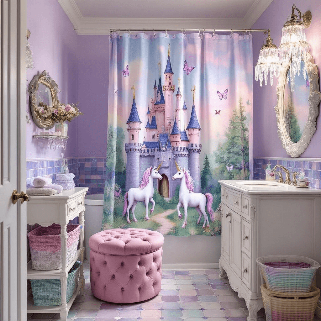 Fun and Functional: Creating the Ultimate Kids' Bathroom Decor Fairy tale bathroom with soft lavender walls, hand-painted castle mural, enchanted forest shower curtain, Victorian white vanity, pink tufted storage ottoman, iridescent tile backsplash, rainbow-colored organizer baskets, and crystal-look light fixtures, all captured in dreamy, soft lighting for a magical atmosphere.