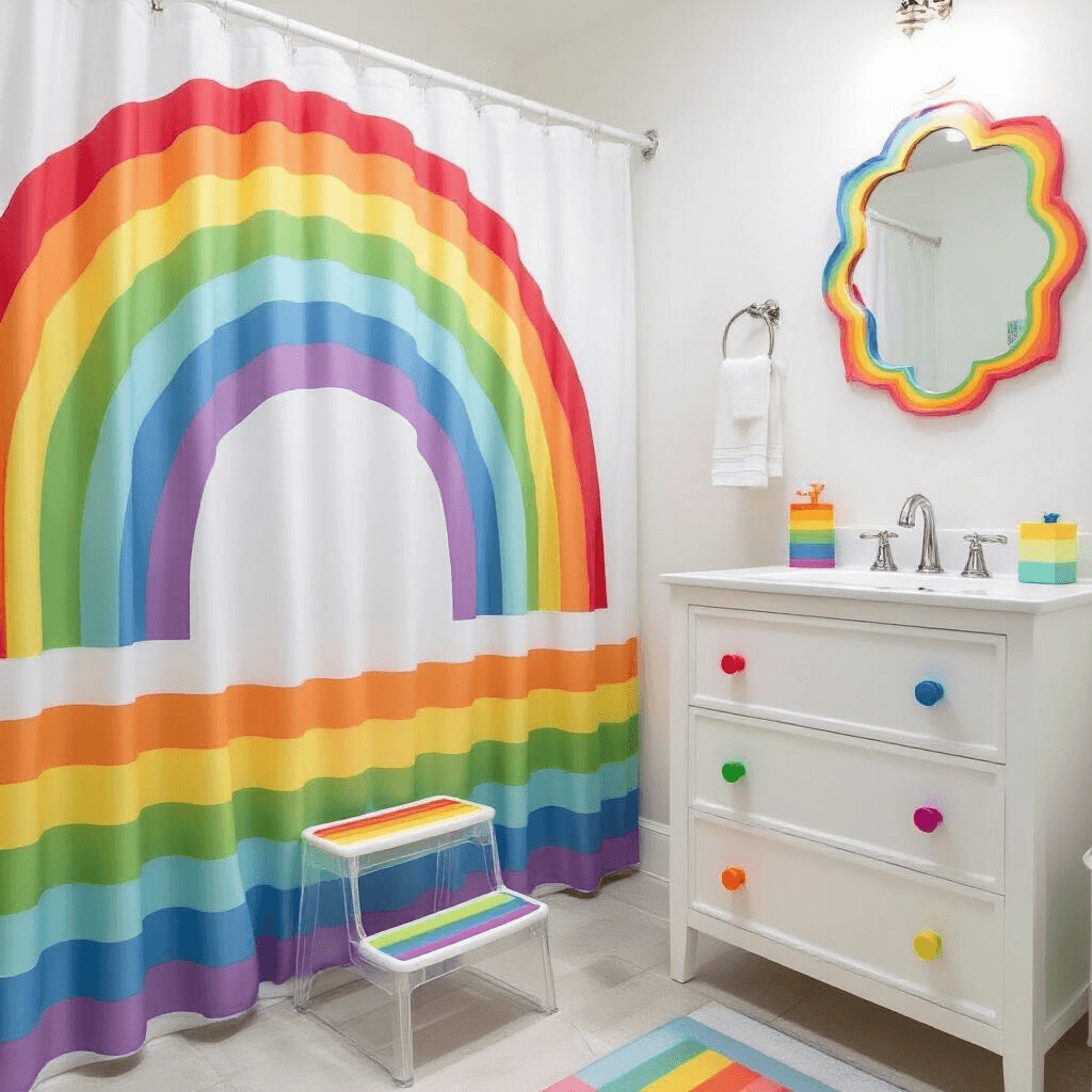 Fun and Functional: Creating the Ultimate Kids' Bathroom Decor A playful, modern kids' bathroom featuring white walls with a large rainbow wall decal, a multicolored striped shower curtain, a sleek white vanity with colorful ROYGBIV knobs, a lucite step stool with rainbow accents, color-coded storage in graduated shades, and a geometric mirror with a rainbow edge, all captured from a corner vantage point in bright, even lighting.