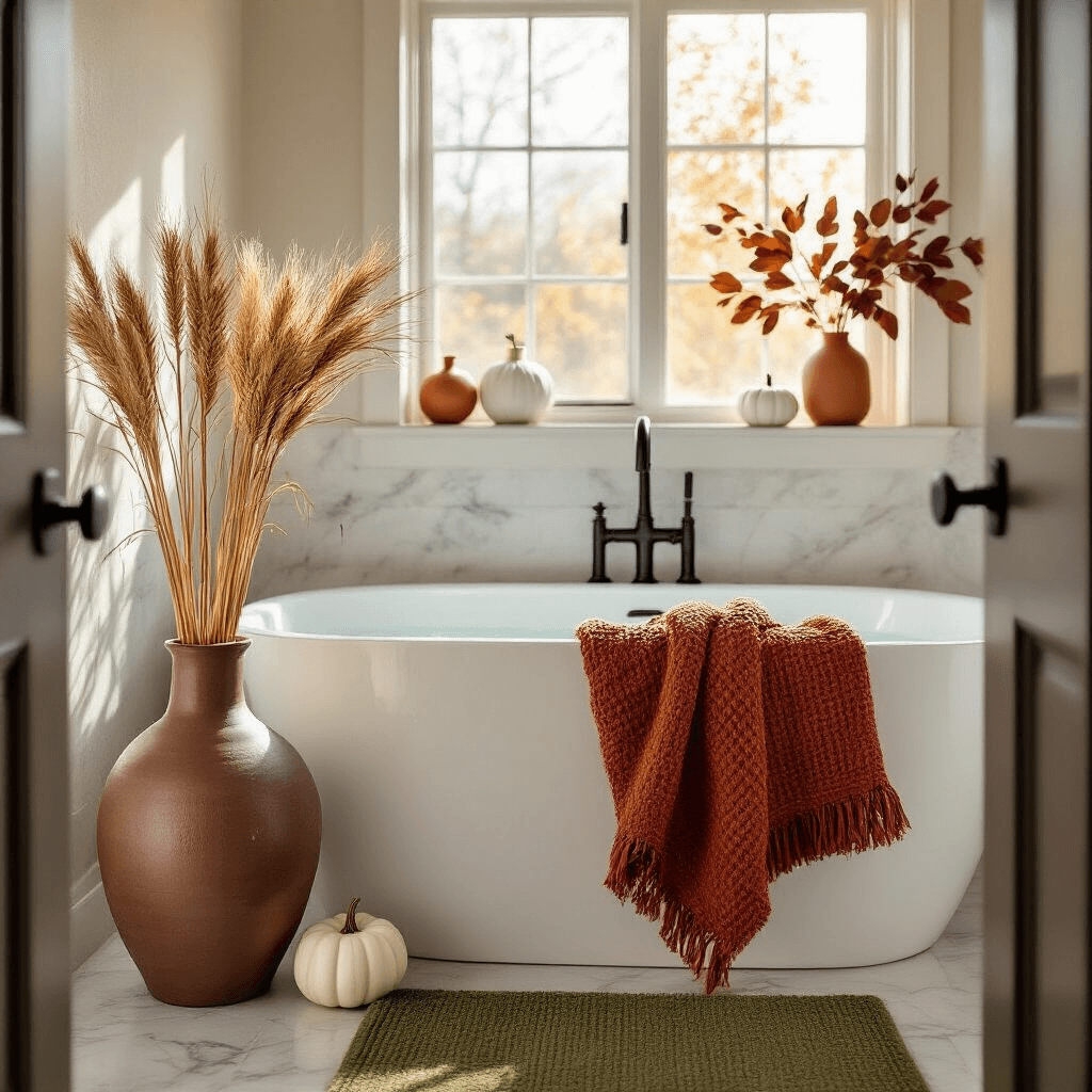 Fall Bathroom Decor: Transform Your Space with Cozy Autumn Vibes A modern master bathroom bathed in golden hour light features a freestanding white tub with a rust-orange chunky knit throw, warm-toned waffle weave towels in burnt sienna hanging from matte black hooks, and a large ceramic vase with dried wheat and oak leaves. An olive green bath mat adds warmth, while copper accessories shine and small white ceramic pumpkins decorate the marble vanity.
