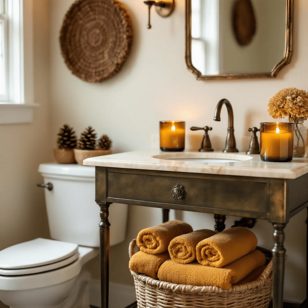 Fall Bathroom Decor: Transform Your Space with Cozy Autumn Vibes Intimate powder room featuring a vintage bronze vanity with a cream marble top, low angle shot in soft morning light. A handwoven basket filled with rolled mustard-yellow towels sits below, while amber glass candle holders with pumpkin-spice candles create a warm ambiance. Deep brown woven wall art and a copper-framed mirror highlight textural elements, reflecting mini pinecones and dried hydrangeas.