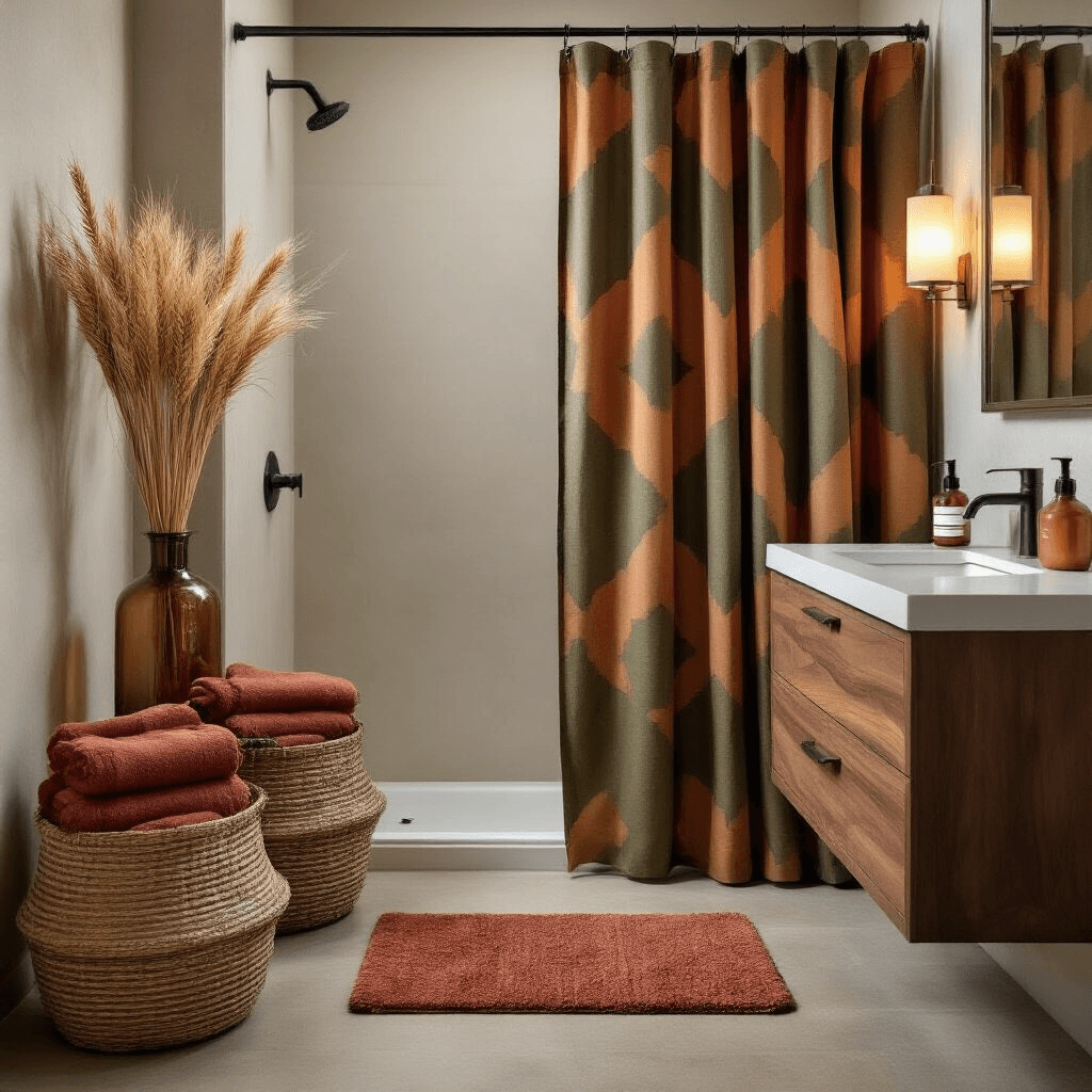 Fall Bathroom Decor: Transform Your Space with Cozy Autumn Vibes A contemporary guest bathroom at dusk featuring an olive and rust geometric shower curtain, woven jute baskets with terracotta towels, a walnut floating vanity, and tall smokey glass vases with dried wheat. A textured copper soap dispenser reflects ambient light, alongside a rich brown bamboo bath mat, all captured in soft focus to highlight the autumn textures in a moody atmosphere.