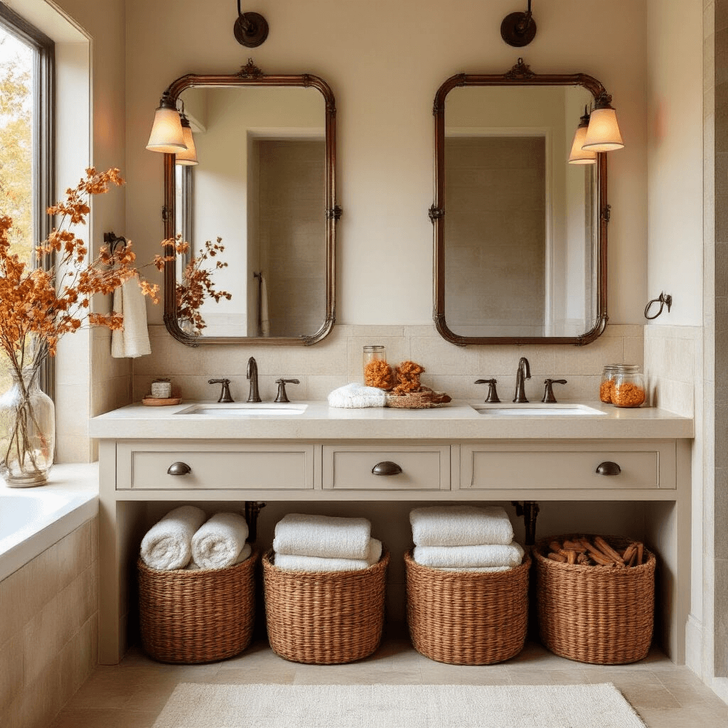 Fall Bathroom Decor: Transform Your Space with Cozy Autumn Vibes A serene master bath with a double vanity featuring bronze fixtures and warm cream countertops, accented by deep rust-toned chunky knit baskets holding ivory towels. Large format warm taupe tiles create a subtle backdrop, while clear glass canisters filled with dried orange slices and cinnamon sticks enhance the seasonal charm. A massive copper-framed mirror reflects the diffused midday light, capturing the luxurious ambiance.