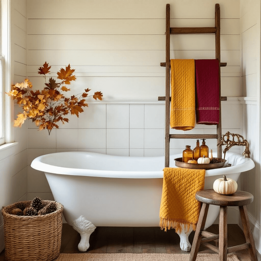 Fall Bathroom Decor: Transform Your Space with Cozy Autumn Vibes Cozy farmhouse bathroom at morning golden hour featuring an antique white clawfoot tub, shiplap wall, vintage ladder with mustard yellow and deep crimson towels, rustic wooden stool with a copper tray of amber glass bottles and white mini pumpkins, and a seagrass basket filled with pinecones and dried maple leaves, all illuminated by natural backlighting for a dreamy autumn atmosphere.