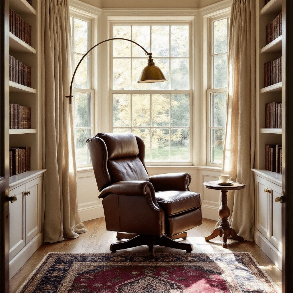 The Ultimate Guide to Cozy Reading Chairs: Your Perfect Literary Sanctuary A cozy reading nook in a bay window, featuring a high-back cognac leather recliner, brass floor lamp, built-in shelves with leather-bound books, and a hand-knotted Persian rug, all bathed in warm late afternoon sunlight.