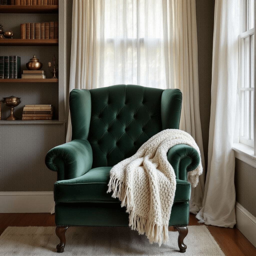 The Ultimate Guide to Cozy Reading Chairs: Your Perfect Literary Sanctuary An intimate corner reading sanctuary in a Victorian-style library with early morning light filtering through white curtains, featuring an oversized emerald green velvet armchair with a cream knit throw, grasscloth wallpaper, and floating wooden shelves displaying vintage books and brass objects.