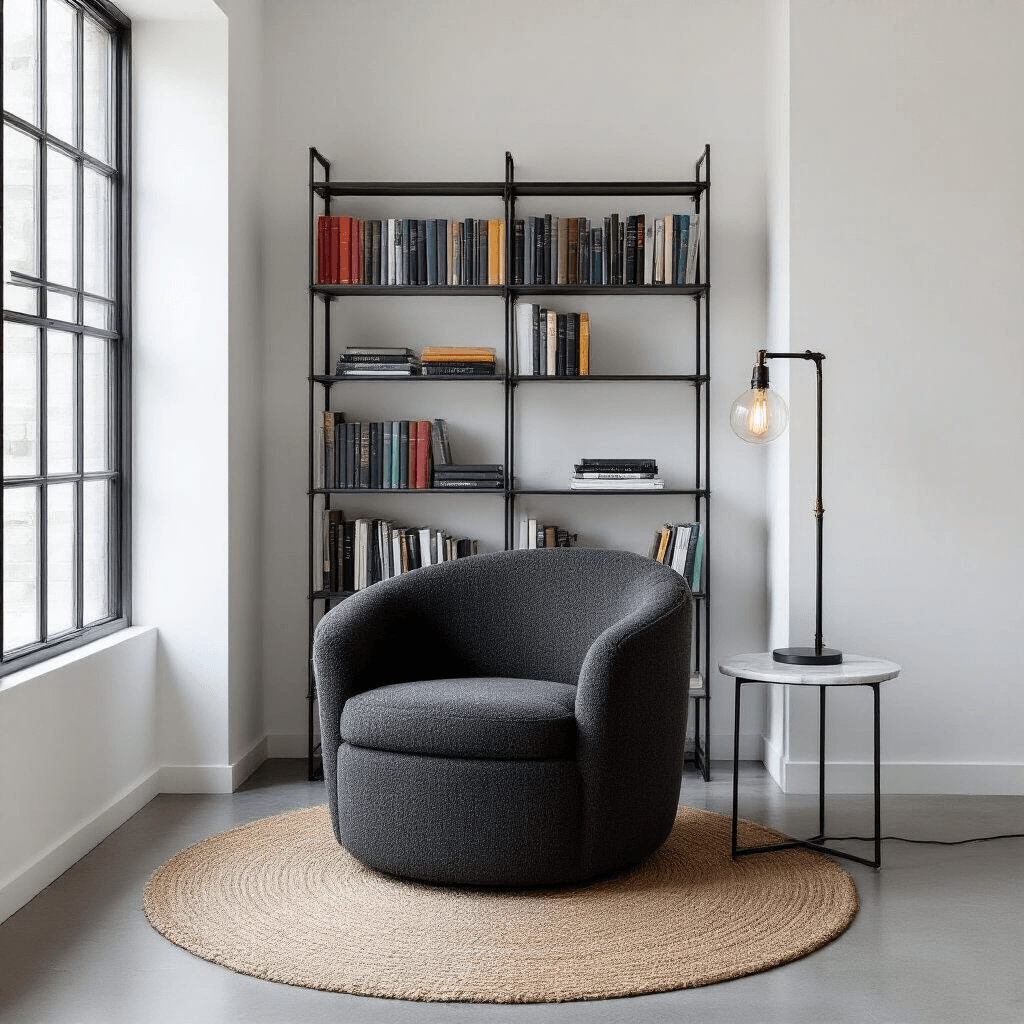 The Ultimate Guide to Cozy Reading Chairs: Your Perfect Literary Sanctuary Minimalist urban reading corner with a charcoal bouclé tub chair on a jute rug, surrounded by a floor-to-ceiling steel bookcase of color-coded books, a marble-topped side table with a modernist lamp, and crisp white walls with black metal window frames, all bathed in cool northern light from an overhead angle.