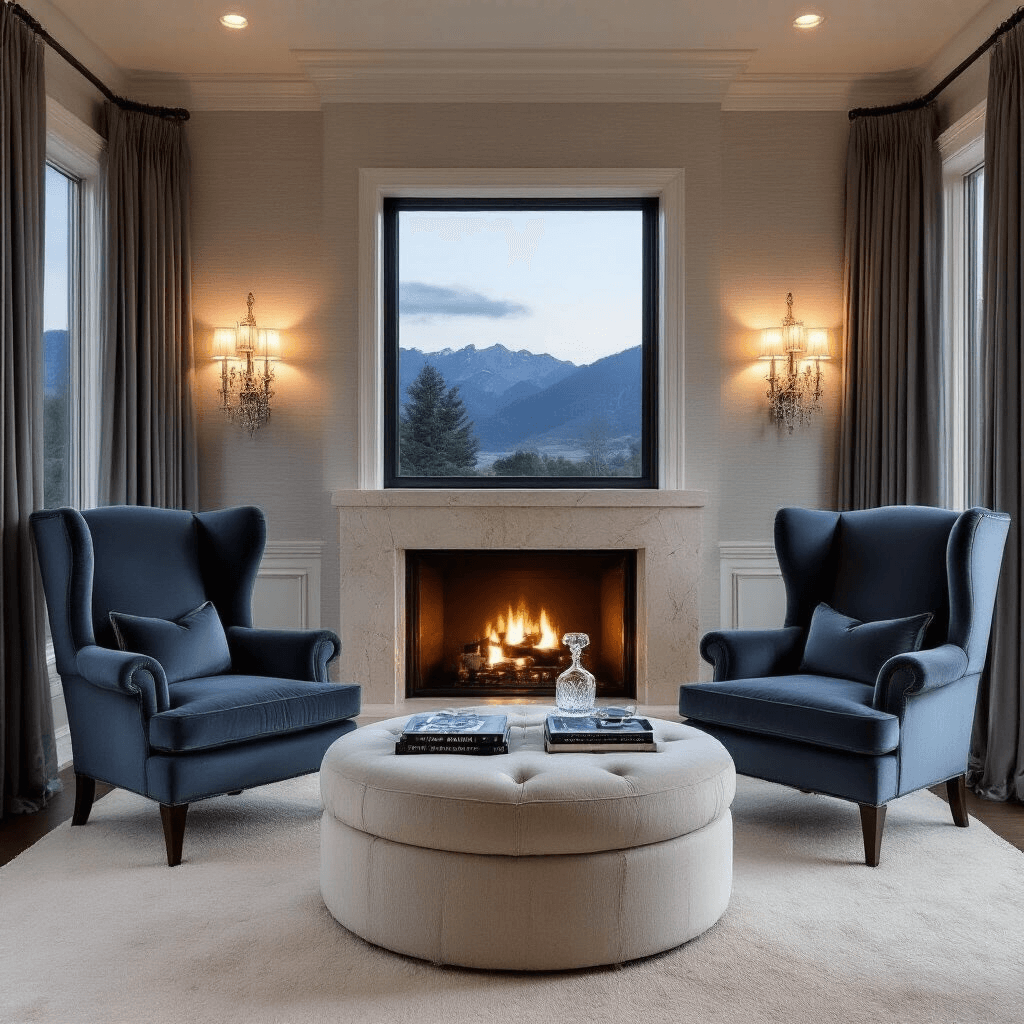 The Ultimate Guide to Cozy Reading Chairs: Your Perfect Literary Sanctuary Luxurious master suite reading retreat featuring oversized slate blue velvet wingback chairs facing a limestone fireplace, on a plush ivory wool carpet, with crystal sconces illuminating silvery grasscloth walls, a shagreen-covered ottoman between the chairs, and steel gray silk blackout curtains framing mountain views at dusk.