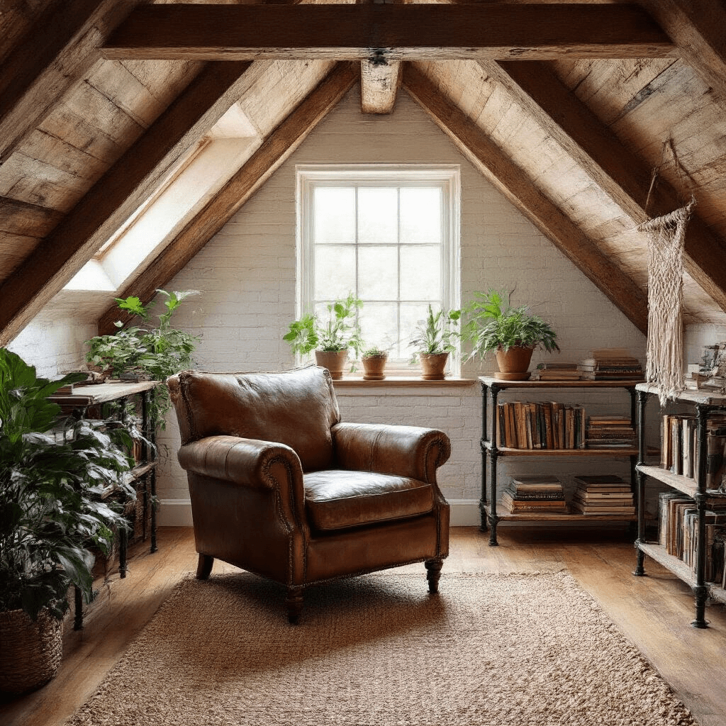 The Ultimate Guide to Cozy Reading Chairs: Your Perfect Literary Sanctuary Cozy attic reading nook with a vintage leather club chair, industrial pipe shelving, paperbacks, potted plants, and a macramé wall hanging, illuminated by mid-morning light through a dormer window.