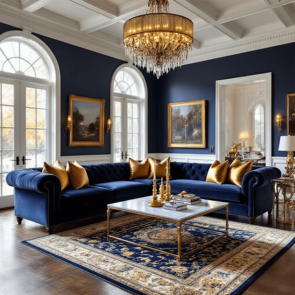 Opulent living room with navy velvet sectional sofa, gold silk throw pillows, coffered white ceilings, and burnished gold chandelier during golden hour, featuring polished hardwood floors and a Persian rug.