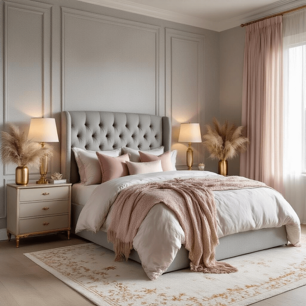 Elegant master bedroom with soft gray linen walls, blush pink and gold accents, tufted gray headboard, silk pillows, gold cashmere throw, rosy table lamps, sheer pale pink curtains, light oak floors, cream area rug, gold-framed mirror, and dried pampas grass in a brass vase, illuminated by morning light.