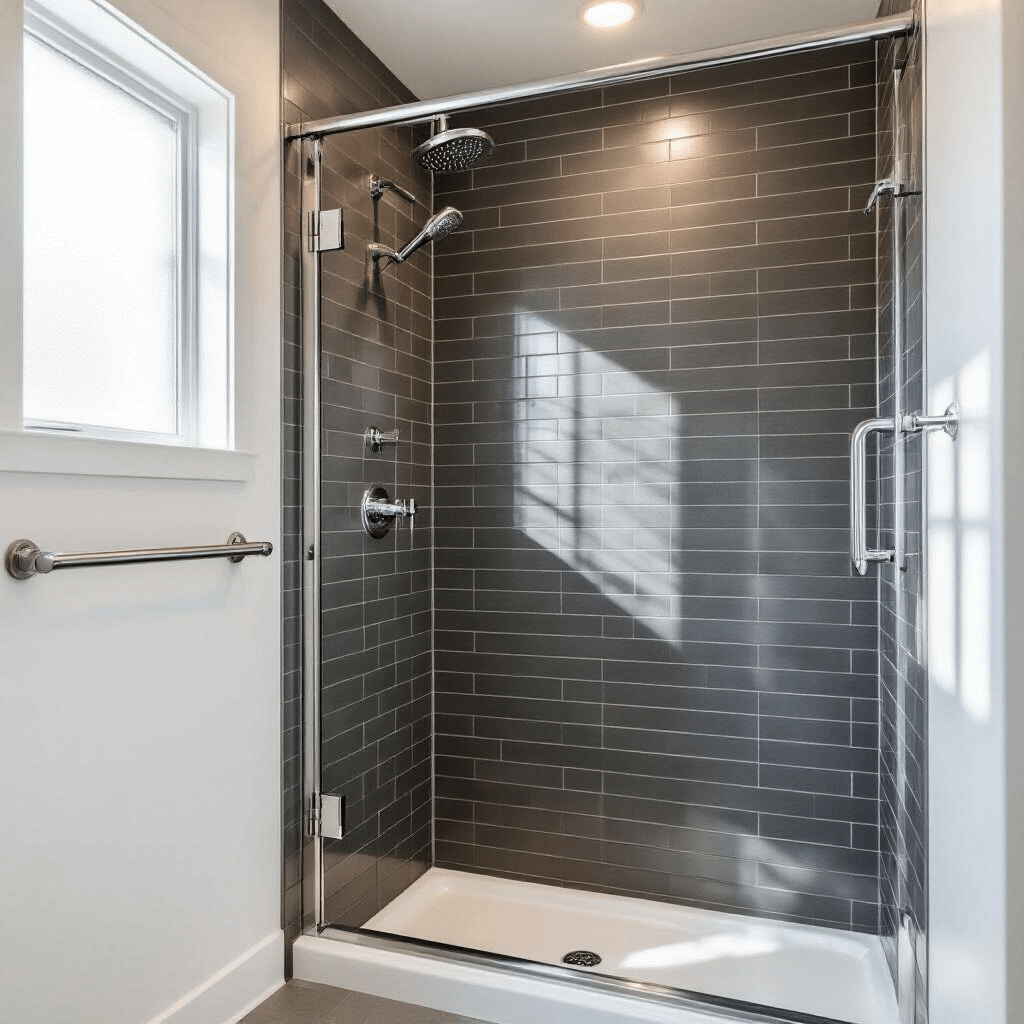 Shower Standing Handles: Your Ultimate Guide to Bathroom Safety That Actually Works Professional bathroom photography of a modern shower alcove featuring polished chrome grab bars, white subway tiles, and a brushed nickel rainfall showerhead, illuminated by warm morning light through a frosted window, highlighting water droplets on chrome surfaces.