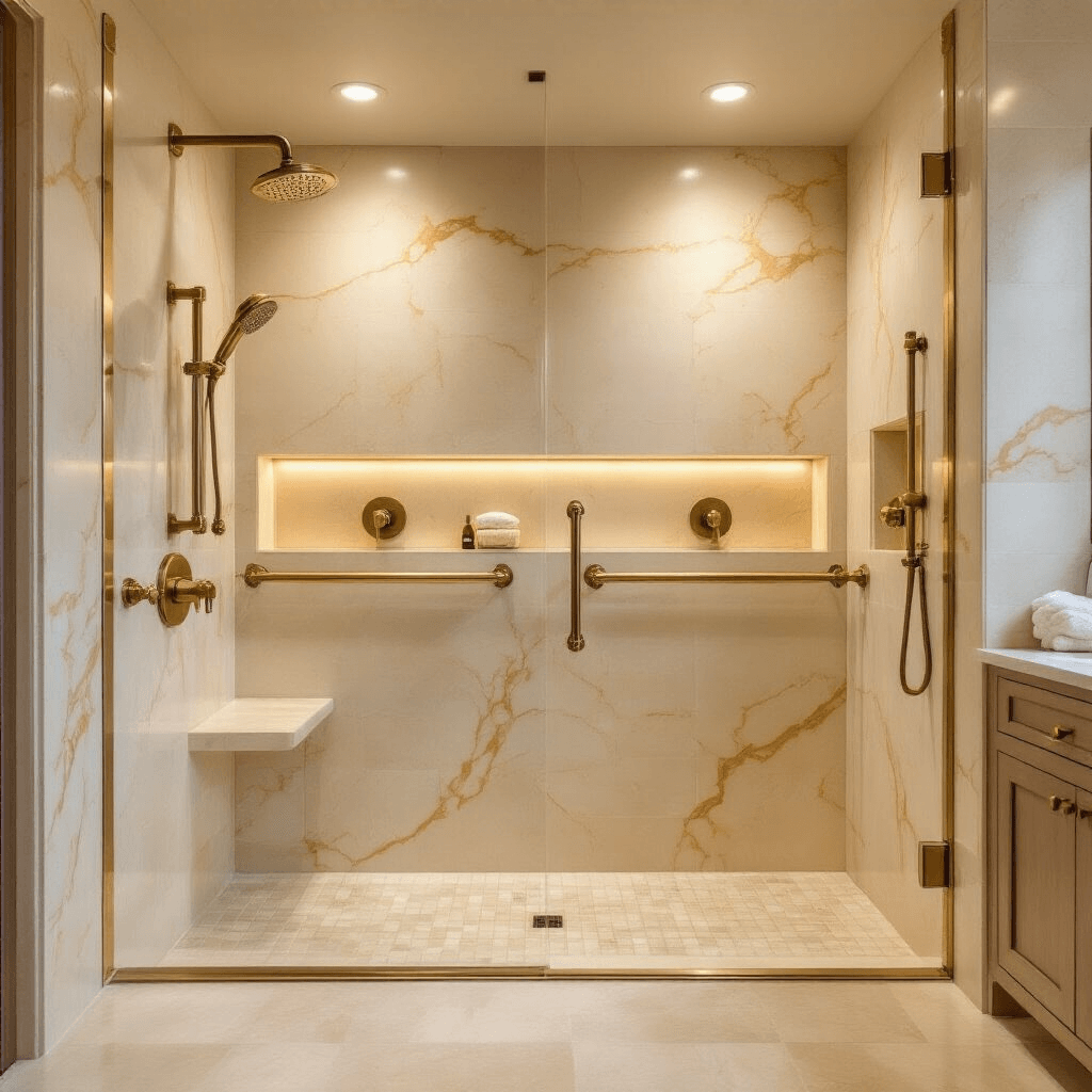 Shower Standing Handles: Your Ultimate Guide to Bathroom Safety That Actually Works Elegant master bathroom with brass shower grab bars, luxurious natural stone marble walls in soft cream tones, and gold veining. Features a spacious walk-in shower, rich brass fixtures, ambient warm lighting, and a textured natural stone floor. Steam suggests recent use.