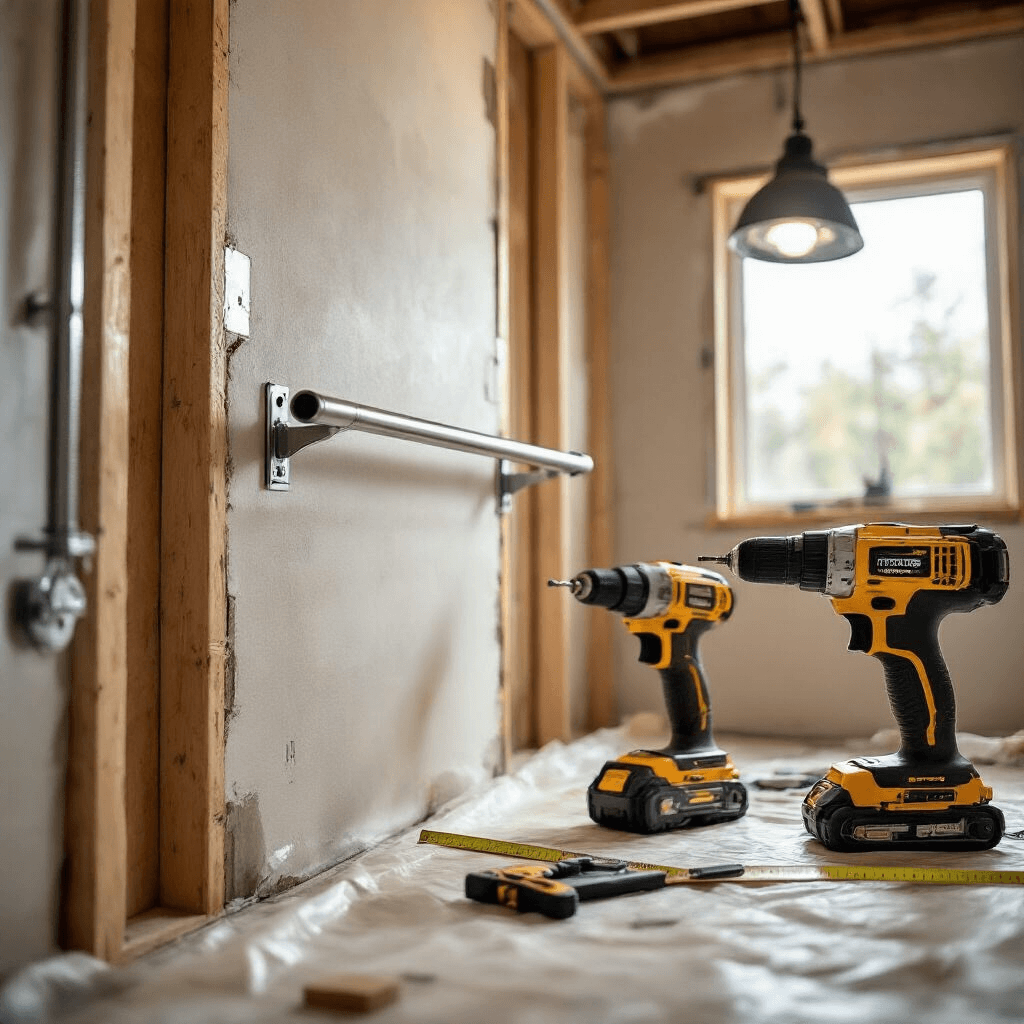 Shower Standing Handles: Your Ultimate Guide to Bathroom Safety That Actually Works Bathroom renovation in progress showing the installation of a stainless steel grab bar into wall studs, with exposed wooden studs, visible mounting hardware, and construction tools nearby.