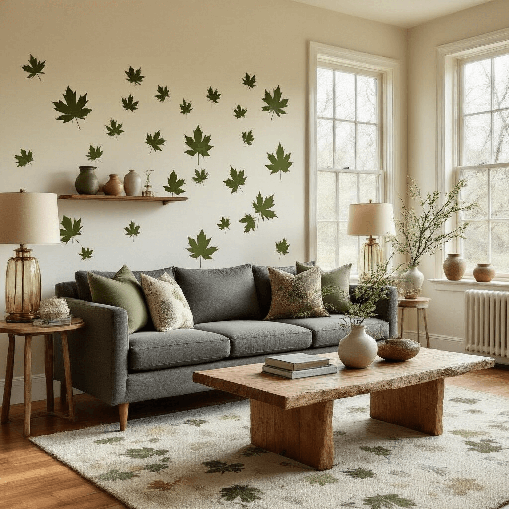 Transform Your Home with Natural Tree-Inspired Decor: A Complete Guide to Bringing the Forest Indoors Photorealistic living room interior featuring a mid-century modern charcoal linen sofa facing a reclaimed oak coffee table, bathed in golden hour light streaming through large windows. The cream-colored walls have subtle sage green and amber maple leaf patterns, complemented by a wool area rug with muted leaf motifs, brass table lamps, and ceramic vessels on floating shelves. Natural wood floors in honey oak enhance the fresh spring atmosphere.