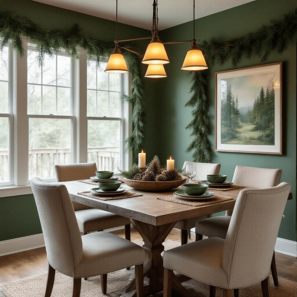 Transform Your Home with Natural Tree-Inspired Decor: A Complete Guide to Bringing the Forest Indoors A contemporary dining room with spruce green walls and warm pendant lighting over a pine dining table, surrounded by six natural linen chairs, jute placemats, and a centerpiece of glass bowls filled with pine cones and cedar sprigs, framed by an artificial pine garland around a large picture window.
