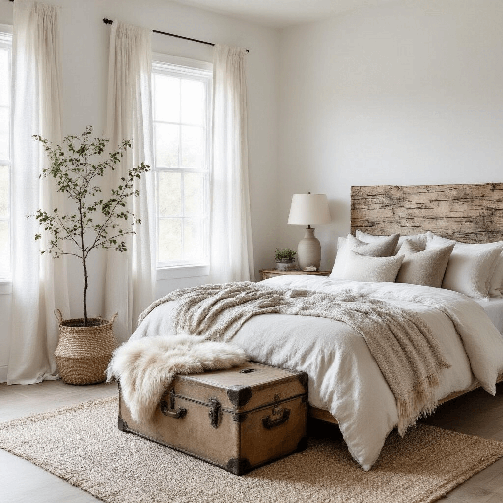 Transform Your Home with Natural Tree-Inspired Decor: A Complete Guide to Bringing the Forest Indoors A serene bedroom sanctuary with birch tree aesthetics, featuring a reclaimed wood headboard, organic cotton bedding in creams and grays, and layered textures like a sheepskin throw and jute rug, all bathed in soft morning light.