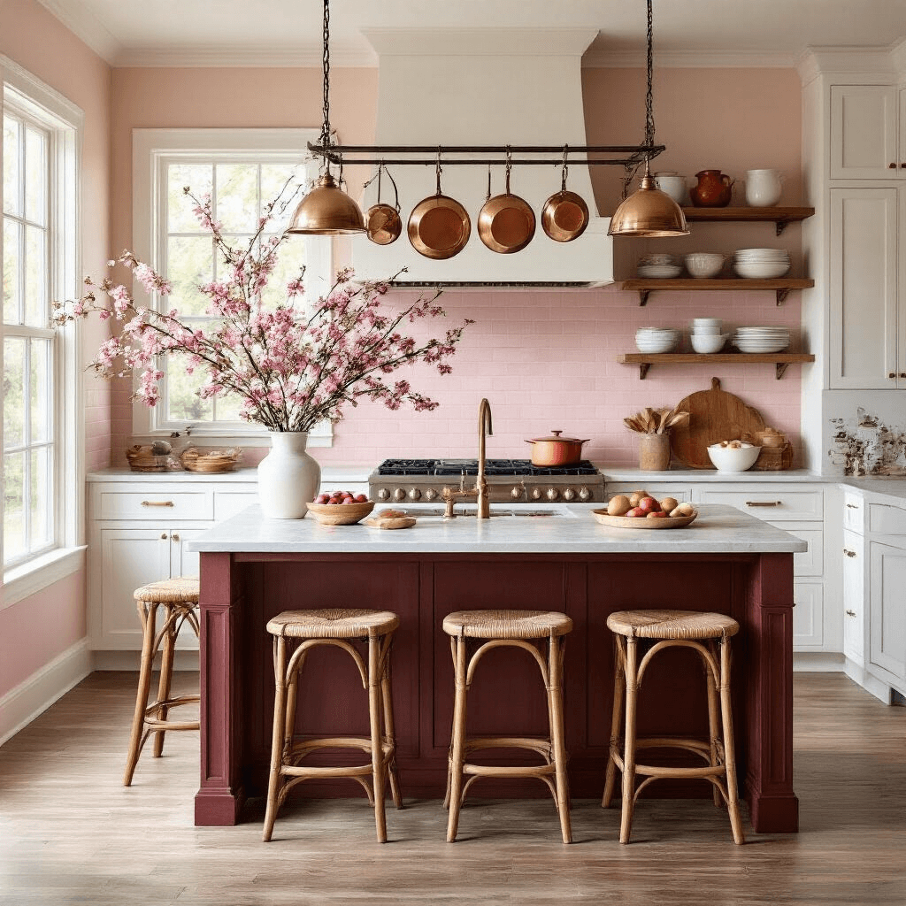 Transform Your Home with Natural Tree-Inspired Decor: A Complete Guide to Bringing the Forest Indoors A beautifully designed kitchen bathed in golden hour light, featuring soft pink subway tile, white shaker cabinets with brass hardware, and a dark cherry wood island with a marble countertop. The space includes a branch-style pot rack with copper cookware, open shelving displaying coral and cream ceramic dinnerware, and fresh cherry blossoms in glass vases, creating an orchard-inspired ambiance.