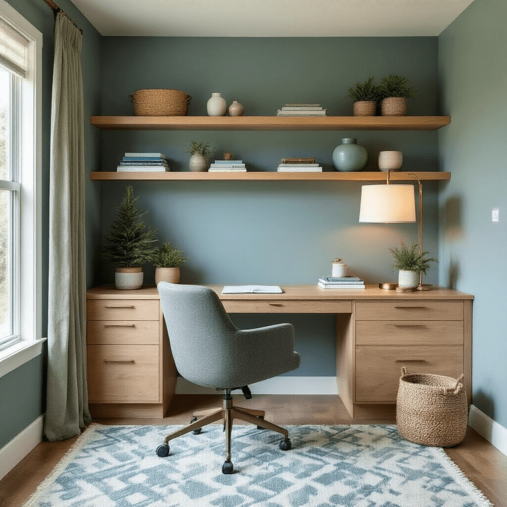 Transform Your Home with Natural Tree-Inspired Decor: A Complete Guide to Bringing the Forest Indoors Home office with Pacific Northwest Sitka spruce elements, featuring a cool blue-green accent wall, built-in natural pine shelving, light wood desk, ergonomic charcoal chair, geometric wool rug, sage green linen curtains, and a statement brass floor lamp, all enhancing a modern, productive atmosphere.