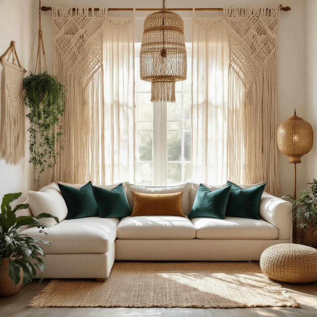 Wide-angle shot of a boho living room with macramé curtains, cream linen sectional sofa, jewel-toned pillows, warm golden sunlight, brass floor lamps, and abundant greenery.