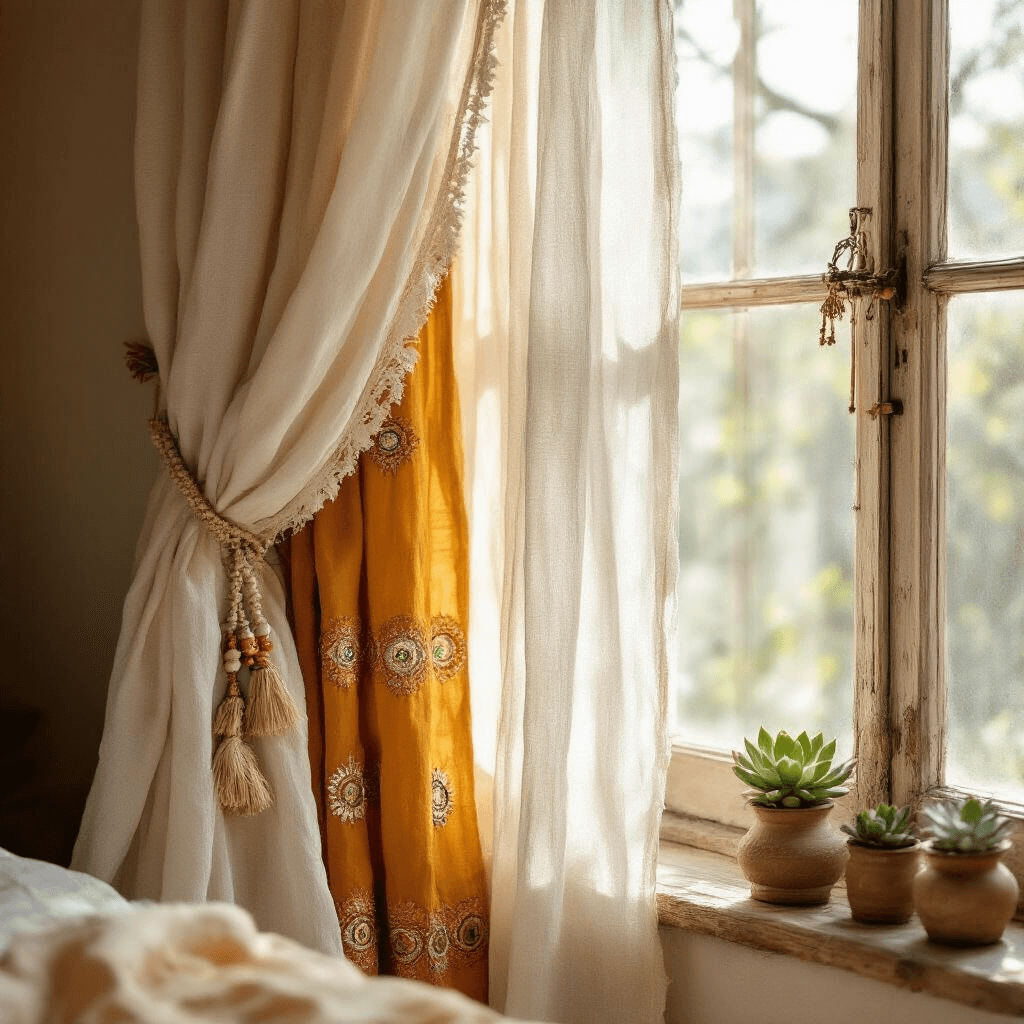 Close-up of layered boho curtains in a sunlit bedroom, featuring sheer ivory voile panels and hand-embroidered cotton curtains with Indian mirror work in terracotta and mustard yellow, illuminated by soft morning light.