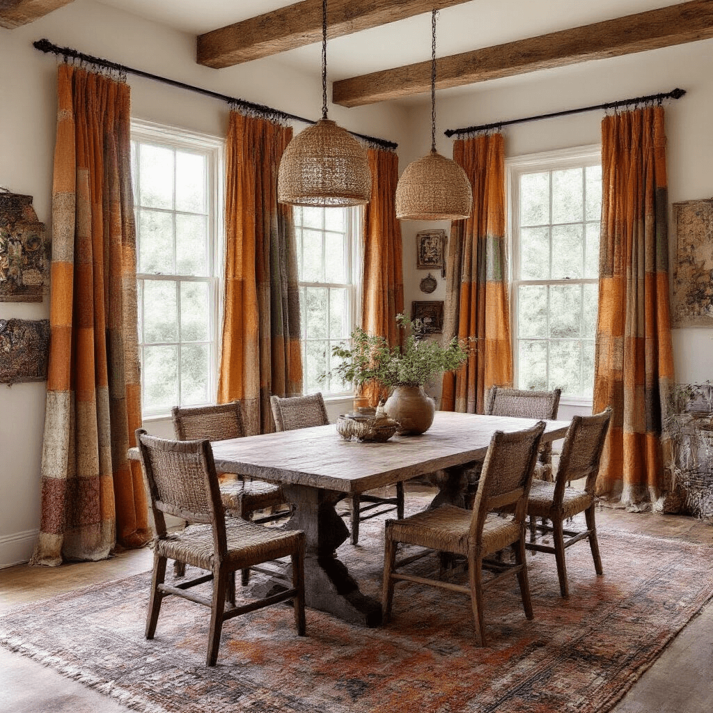 Expansive bohemian dining room featuring upcycled patchwork curtains in earth tones, large windows, a reclaimed wood dining table with mismatched vintage chairs, woven pendant lights, and a Persian-inspired area rug, captured from an eye-level perspective.