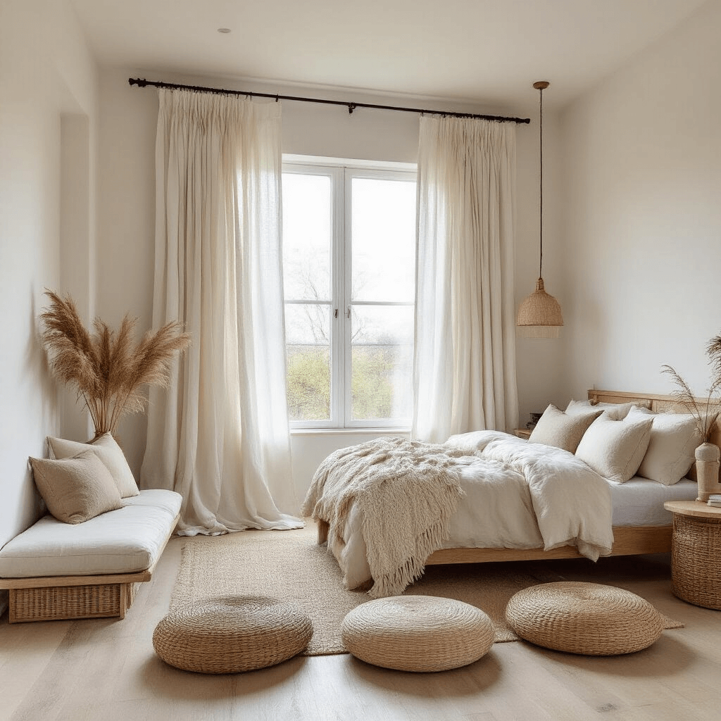 Cozy bedroom featuring white linen curtains, a natural wood platform bed with neutral bedding, rattan bedside tables, and a built-in reading nook, all bathed in soft afternoon light for a serene minimalist boho aesthetic.