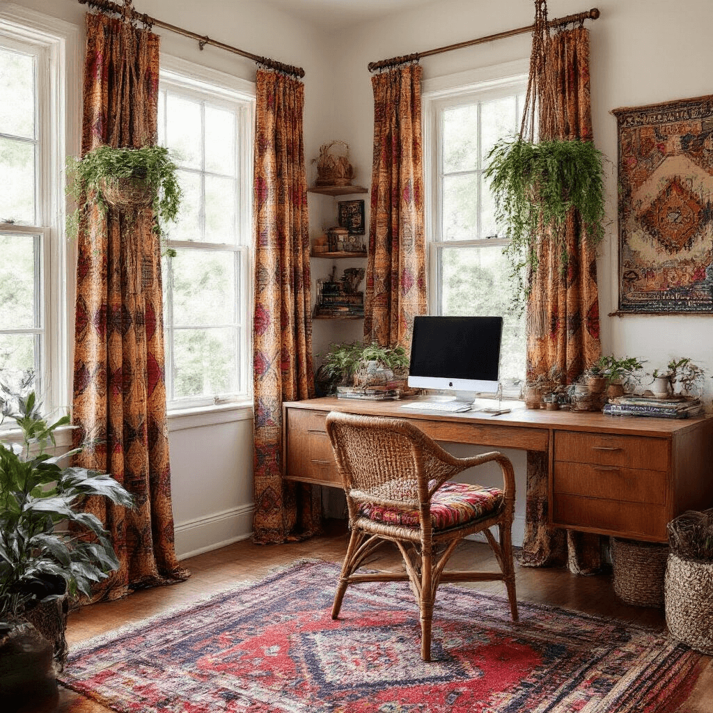 Vibrant boho home office with tribal print curtains in deep jewel tones, mid-century modern desk, rattan chair, floating shelves, kilim rug, and a gallery wall, featuring abundant natural light and warm desk lamp.