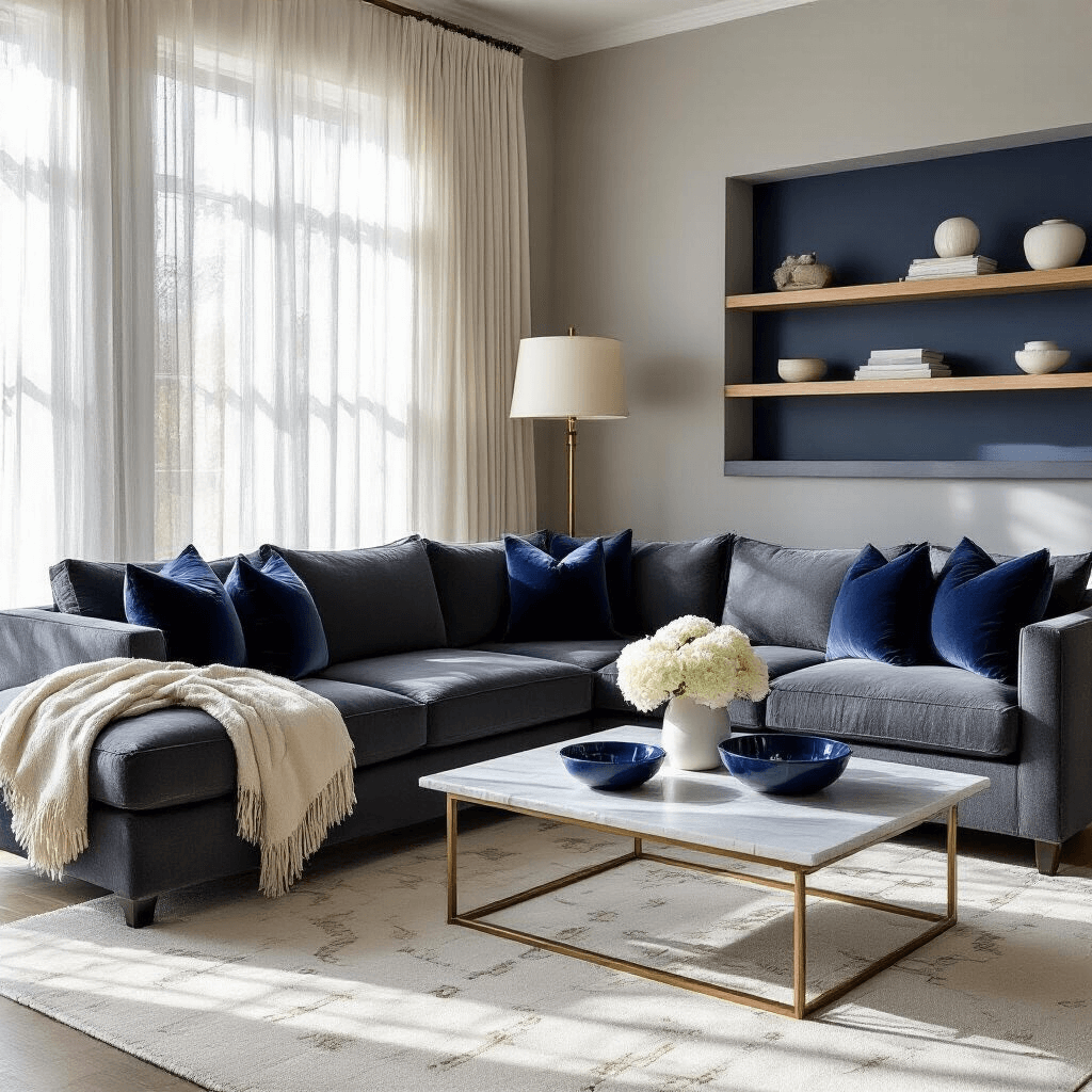 Why Gray is the Ultimate Home Decor Game-Changer (And How to Make It Absolutely Stunning) Photorealistic wide-angle view of a sophisticated living room featuring a charcoal gray sectional sofa adorned with deep navy blue velvet throw pillows and a cashmere blanket, illuminated by warm afternoon sunlight filtering through sheer white curtains, with a rich navy accent wall displaying floating white oak shelves, a cream marble coffee table adorned with navy ceramic bowls and white hydrangeas, and a plush ivory area rug, all enhanced by the ambient glow of a brass floor lamp.