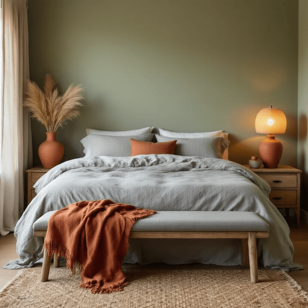 Why Gray is the Ultimate Home Decor Game-Changer (And How to Make It Absolutely Stunning) Cozy bedroom sanctuary with dove gray linen bedding, terracotta clay vase, and warm golden hour light filtering through gauze curtains on a sage green accent wall, featuring a rust orange throw blanket, jute area rug, and serene organic touches like dried pampas grass, creating a tranquil retreat.