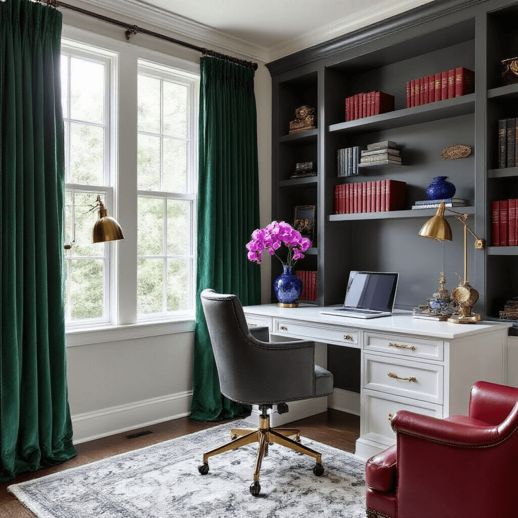 Why Gray is the Ultimate Home Decor Game-Changer (And How to Make It Absolutely Stunning) Luxurious home office featuring charcoal gray bookshelves, emerald green velvet curtains, a white lacquer desk, pewter gray desk chair, and rich jewel tone accents, illuminated by soft natural light.