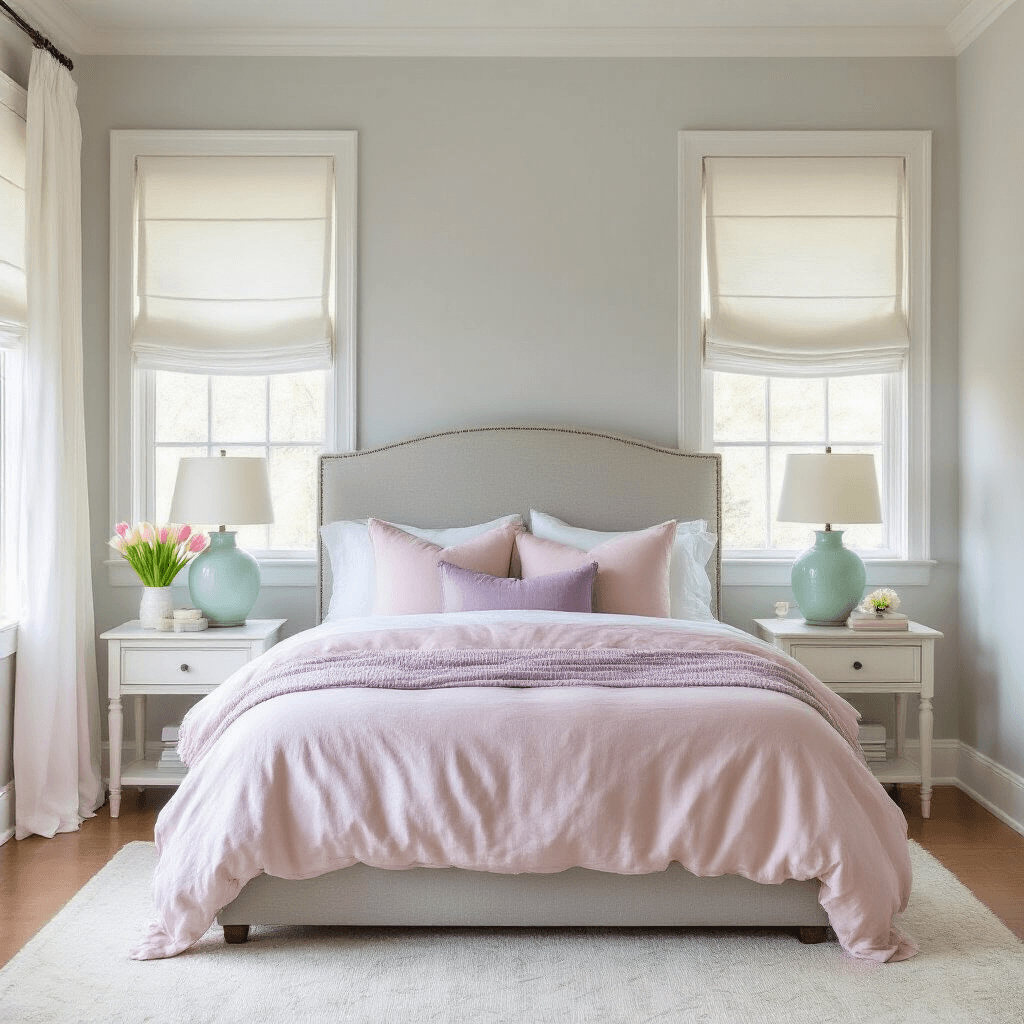 Why Gray is the Ultimate Home Decor Game-Changer (And How to Make It Absolutely Stunning) A serene bedroom oasis with light gray walls, blush pink bedding, mint green lamps, and soft morning light filtering through white roman shades, featuring a lavender throw pillow, butter yellow tulips, a cream wool rug, and sheer curtains, creating a romantic and peaceful atmosphere.