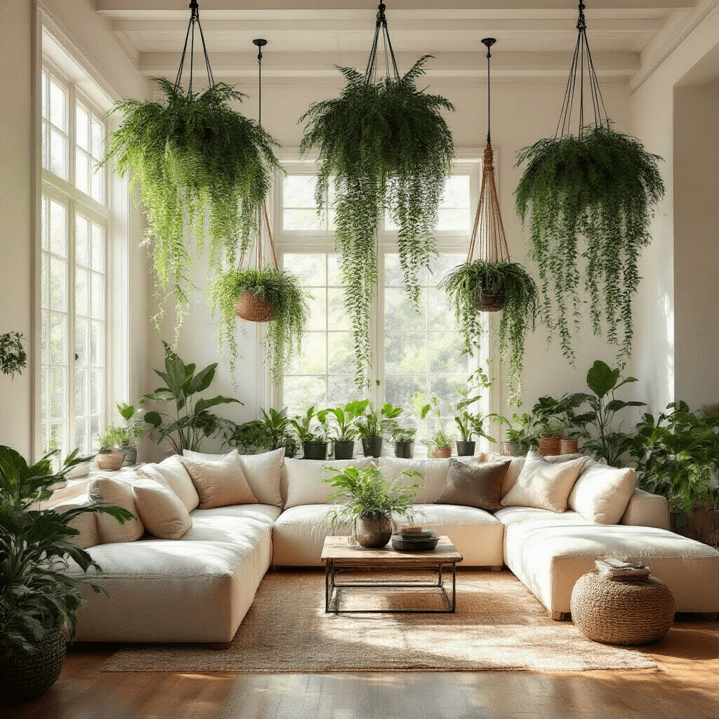 How to Hang Plants From the Ceiling: The Complete Guide to Creating Your Indoor Garden Paradise Photorealistic living room interior featuring ceiling-mounted plants, with sunlight streaming through large windows illuminating Boston ferns and pothos suspended at varying heights. The space includes warm hardwood floors, a cream linen sectional sofa, and an industrial-style coffee table, with hanging planters in mixed materials creating depth against white walls and oak beams.