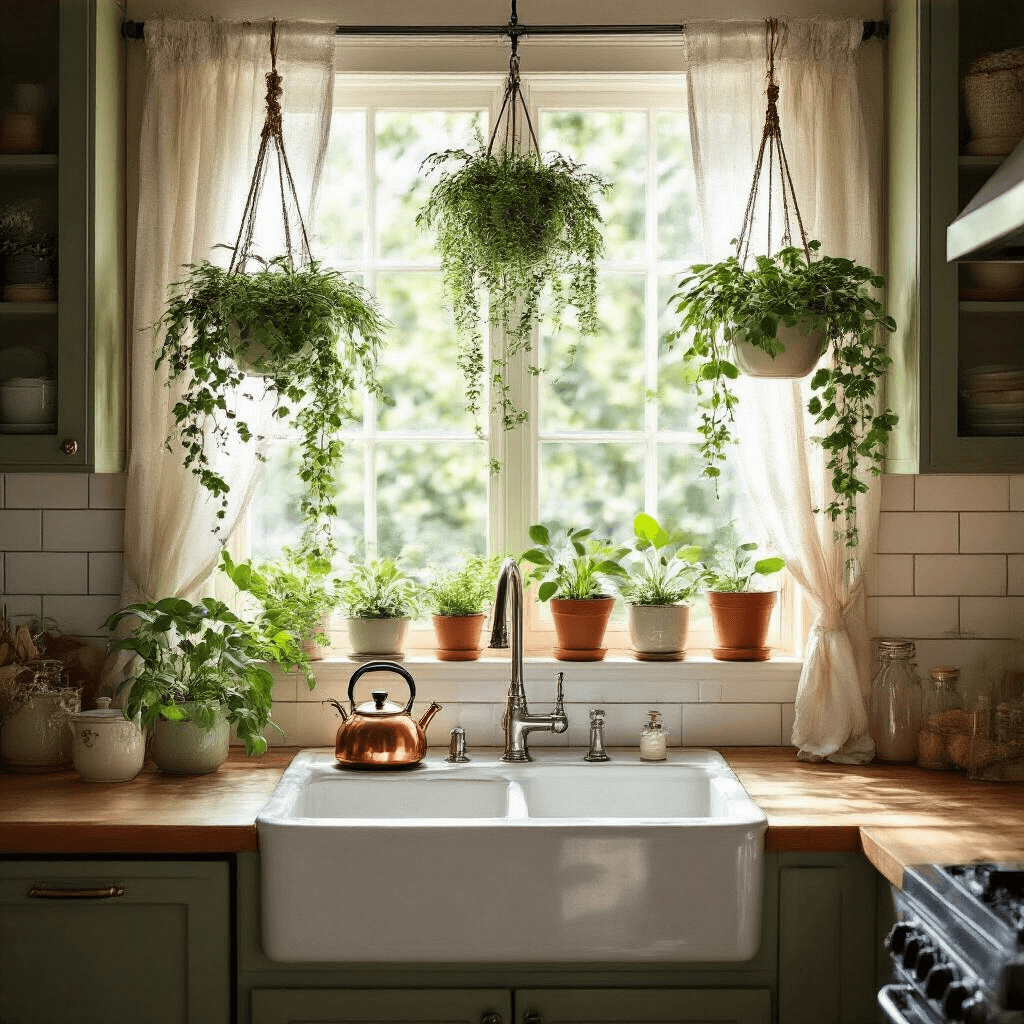 How to Hang Plants From the Ceiling: The Complete Guide to Creating Your Indoor Garden Paradise Intimate kitchen scene with a window garden featuring hanging plants above a farmhouse sink, illuminated by late afternoon light filtering through sheer curtains. The galley kitchen includes white subway tile, butcher block countertops, and sage green cabinets, with a copper kettle steaming below and warm pendant lighting enhancing the cozy atmosphere.
