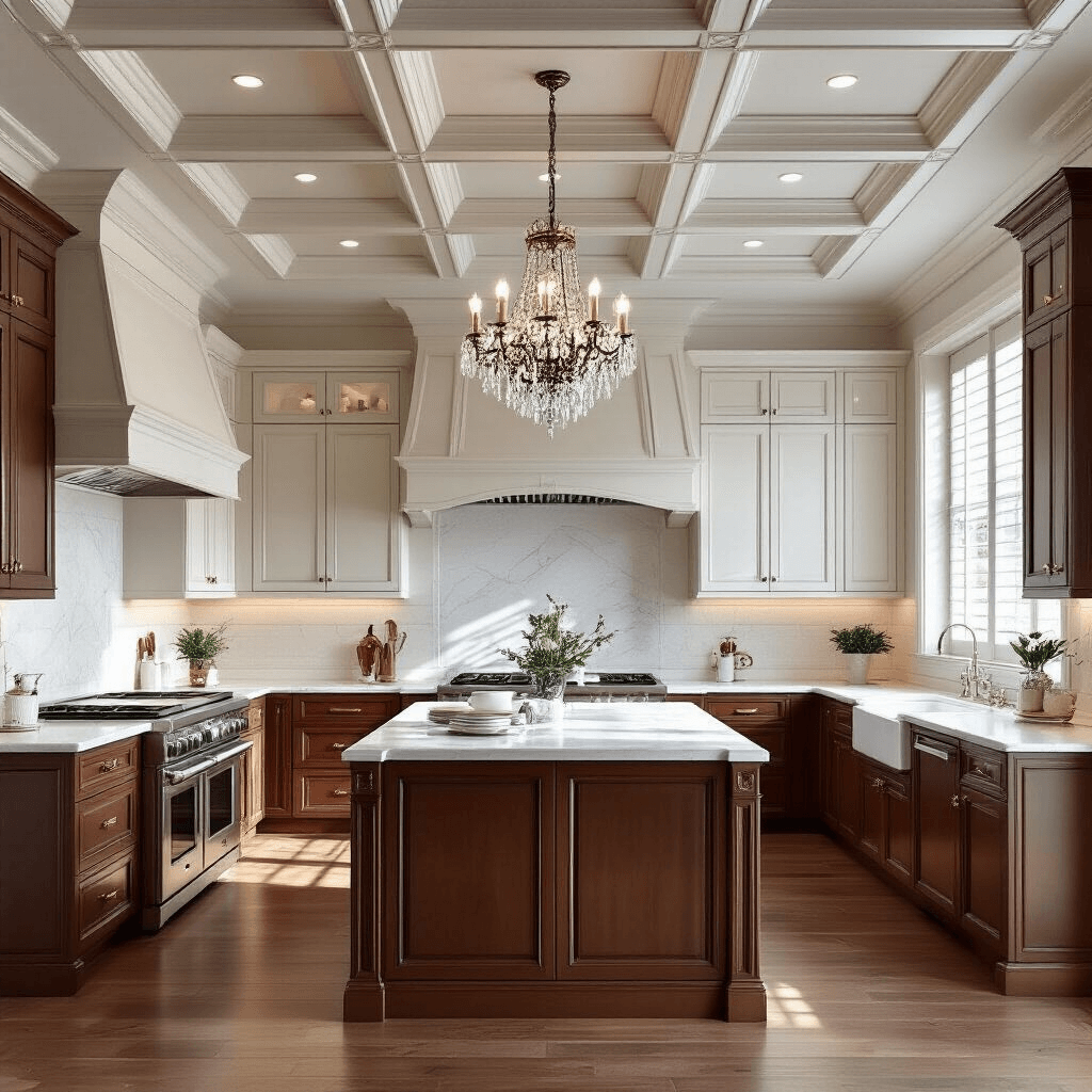 Why Your Kitchen Ceiling Decor Could Be the Game-Changer Your Space Desperately Needs Photorealistic traditional kitchen with elegant coffered ceiling in cream white, featuring cherry wood cabinets, marble countertops, and a crystal chandelier, illuminated by midday light through plantation shutters, showcasing refined and timeless design elements.